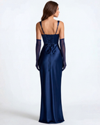 Adrienne Navy Satin Square-Neck Maxi Dress