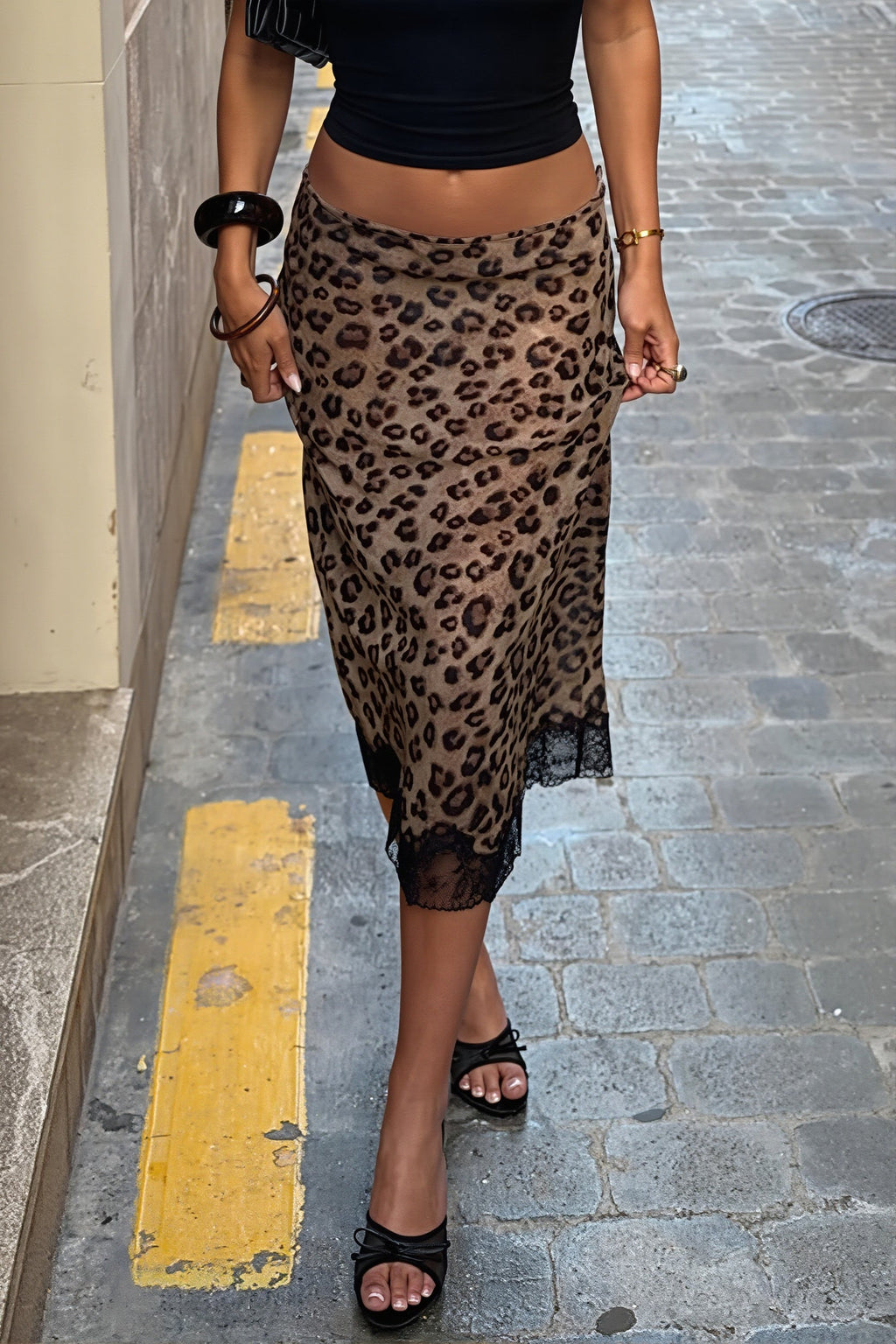 Leopard Lace-Mesh Low-Waist Skirt