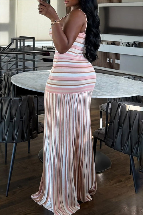 Color-Block Stripe Backless Maxi Dress