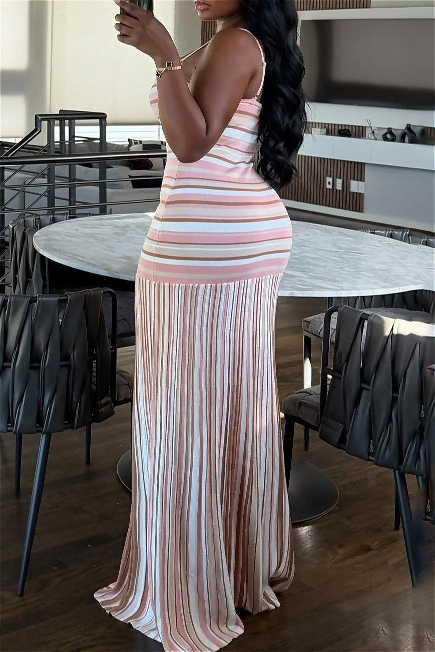 Color-Block Stripe Backless Maxi Dress