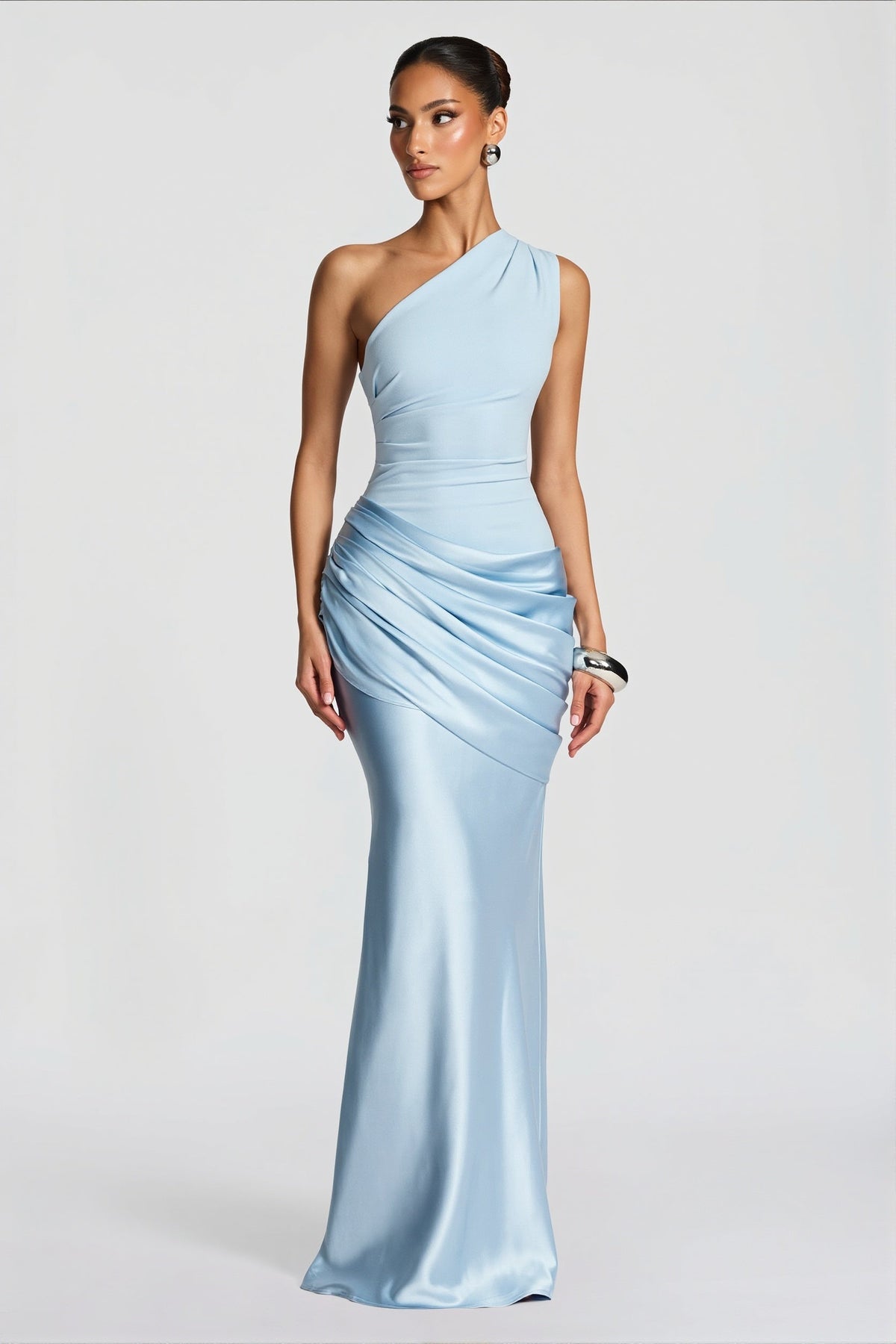 Satin-Splice Ruched Slim Maxi Dress