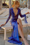 Sheer V-Neck Wrap-Tie Slit Maxi Dress