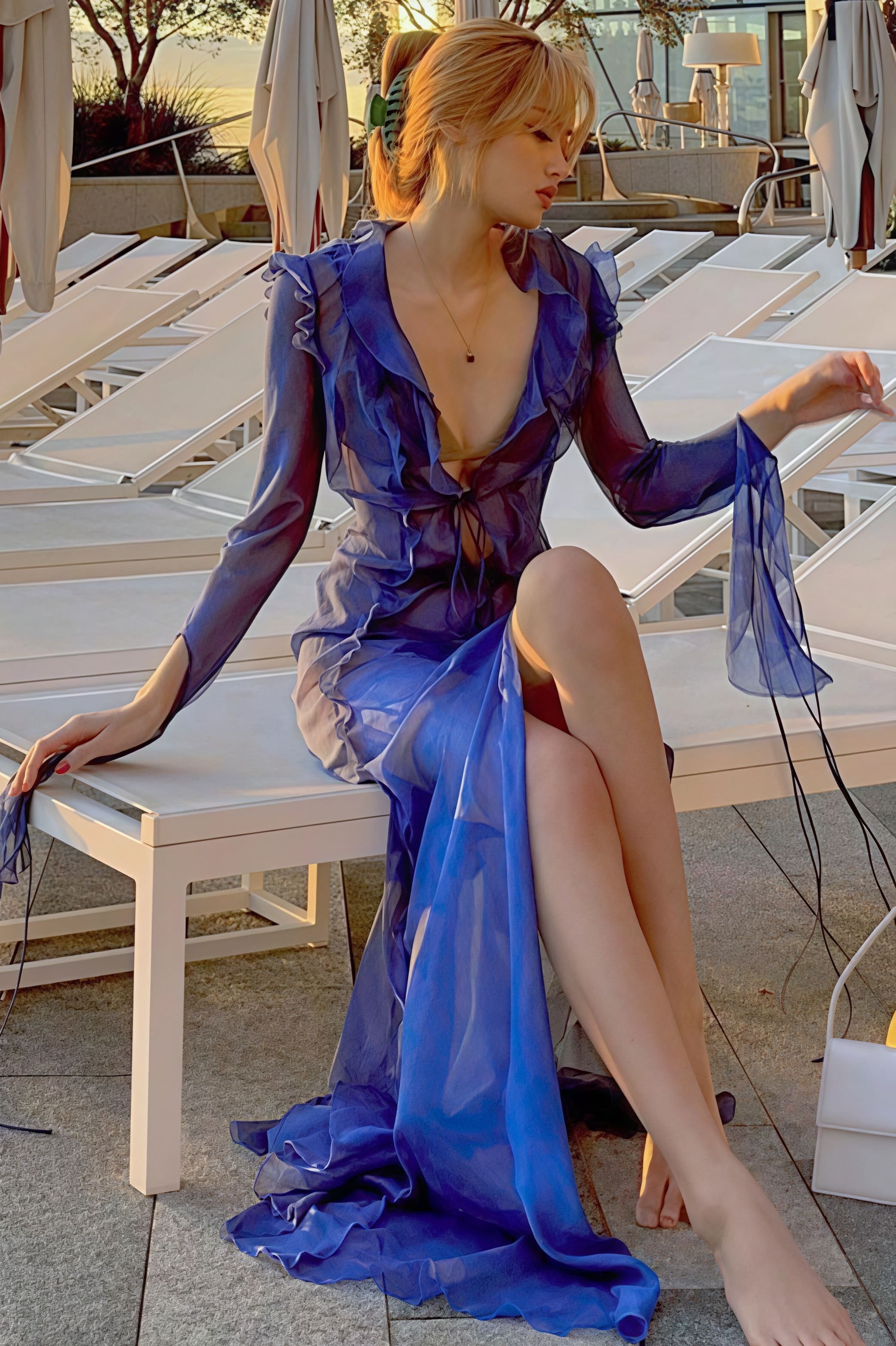 Sheer V-Neck Wrap-Tie Slit Maxi Dress