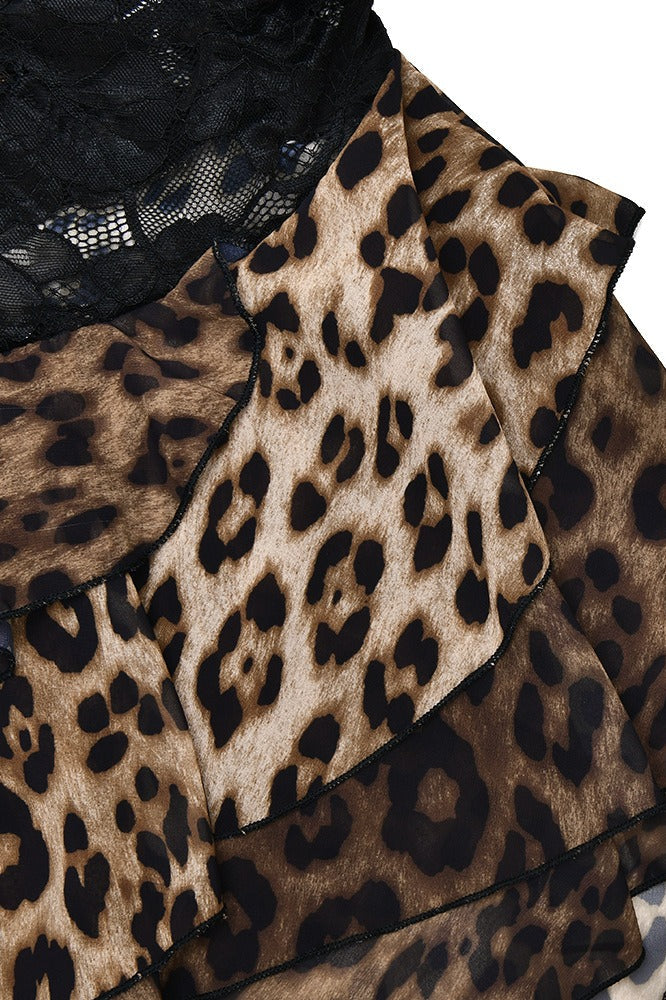 Leopard Chiffon Lace-Splice Maxi Dress