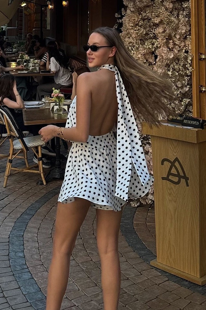 Polka Dot Halter Tie Backless Mini Dress