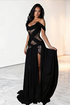 Draped Off-Shoulder Lace Slit Maxi Dress