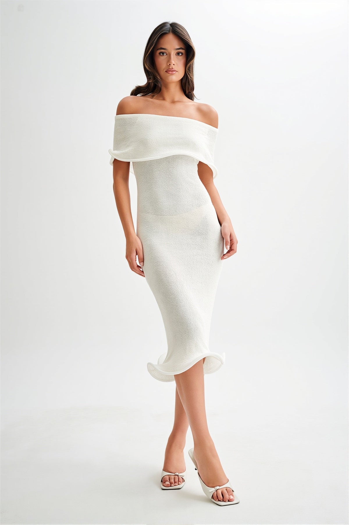 Off-Shoulder Ruffle Knit Midi Dress