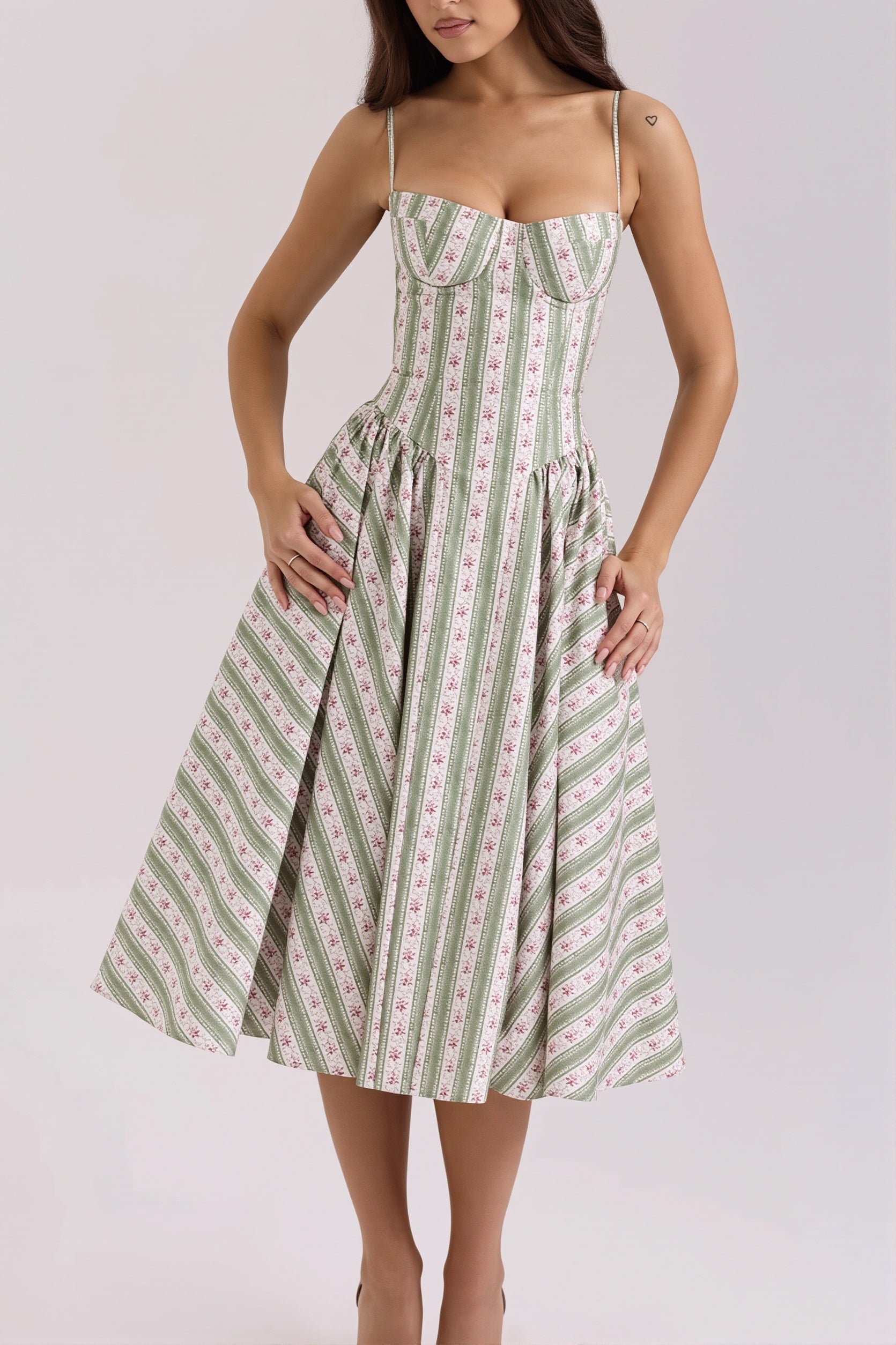 Floral-Striped Cami Midi Dress
