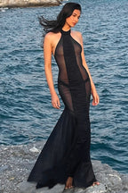 Halter Mesh Sheer Cutout-Back Maxi Dress