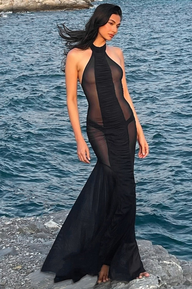 Halter Mesh Sheer Cutout-Back Maxi Dress