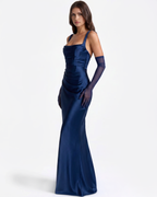 Adrienne Navy Satin Square-Neck Maxi Dress