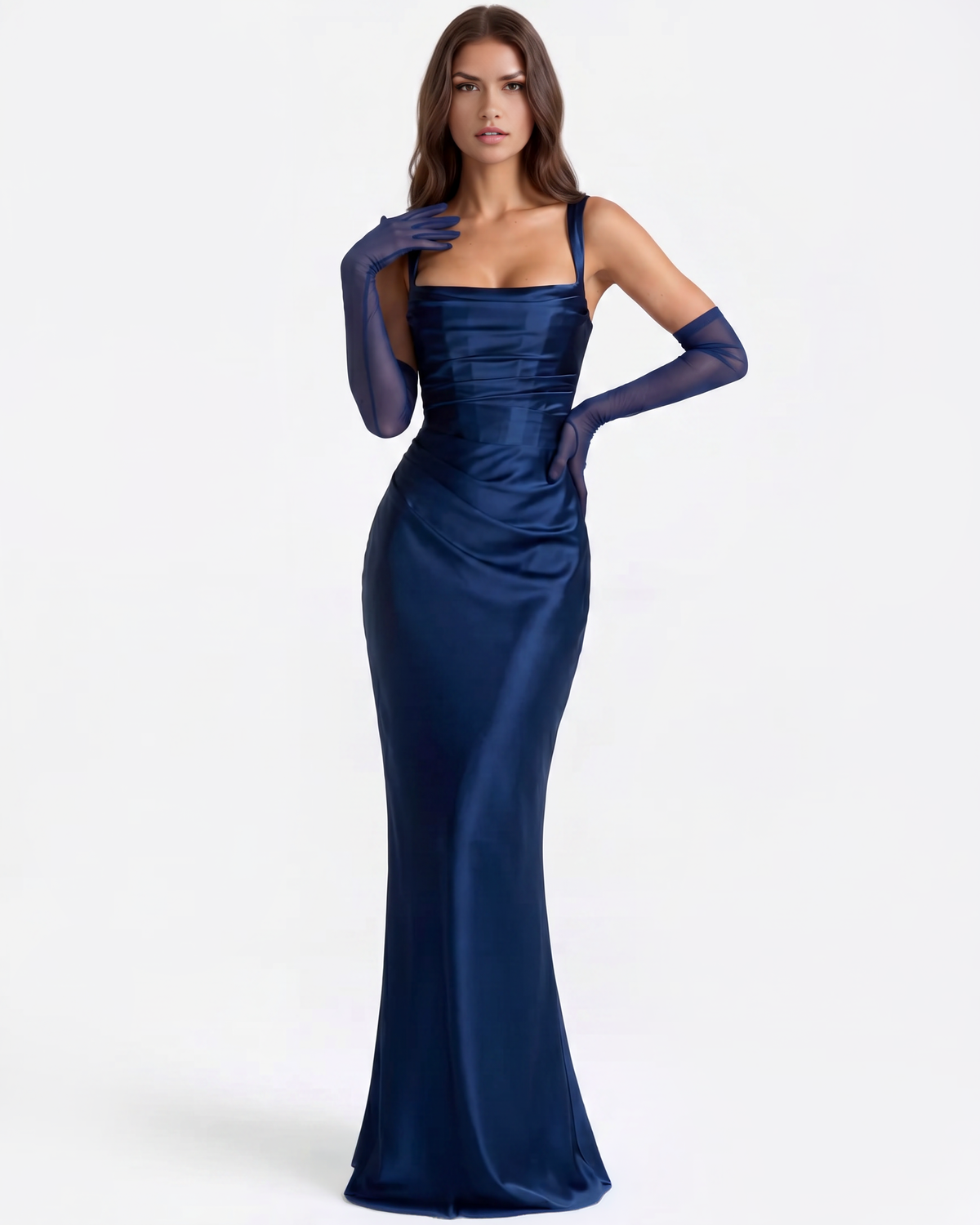 Adrienne Navy Satin Square-Neck Maxi Dress