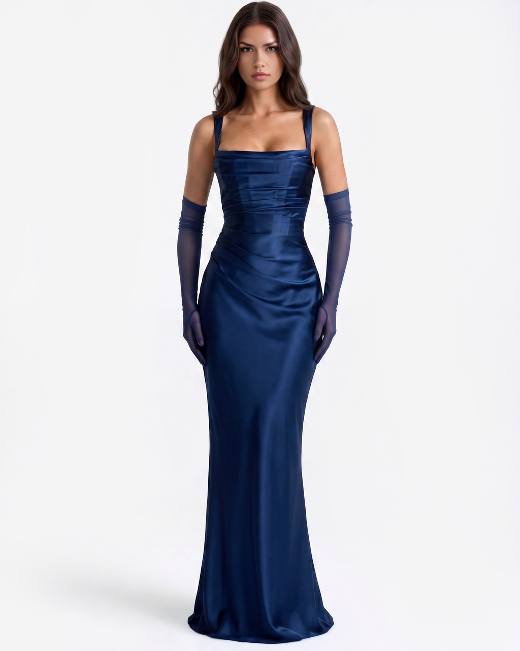 Adrienne Navy Satin Square-Neck Maxi Dress