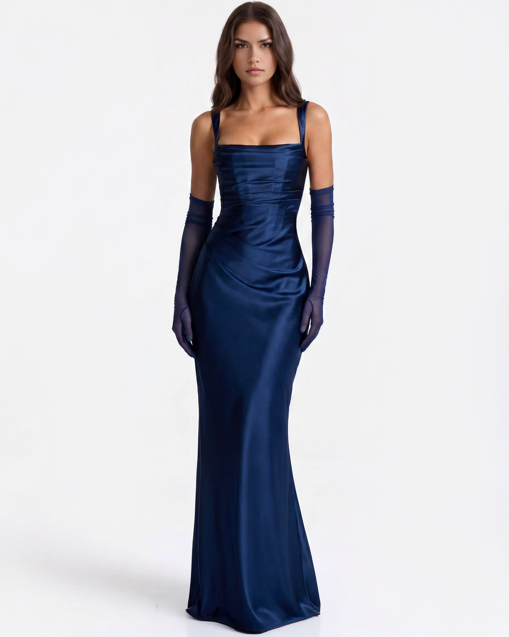 Adrienne Navy Satin Square-Neck Maxi Dress