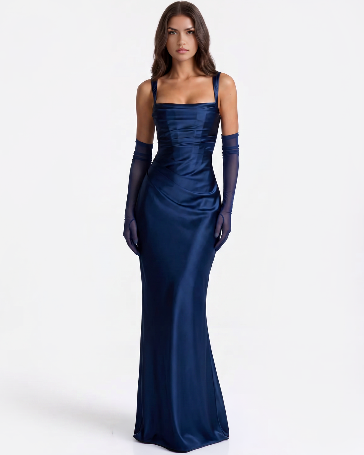 Adrienne Navy Satin Square-Neck Maxi Dress