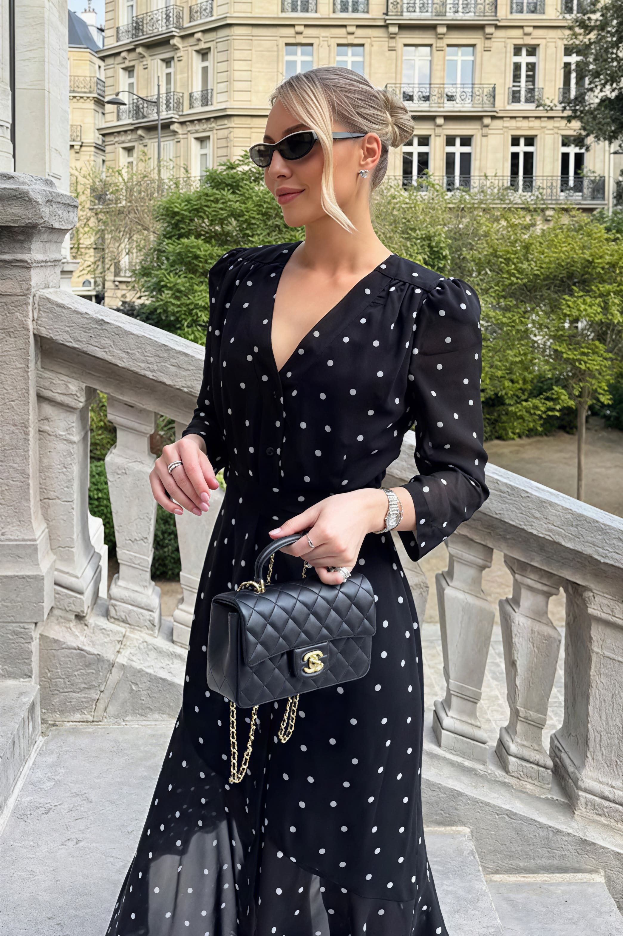 Polka Dot V-Neck High-Slit Midi Dress