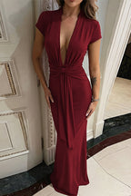 Deep-V Tie-Waist Slim Maxi Dress