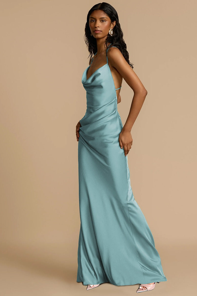 Draped-Neck Backless Prom Dress