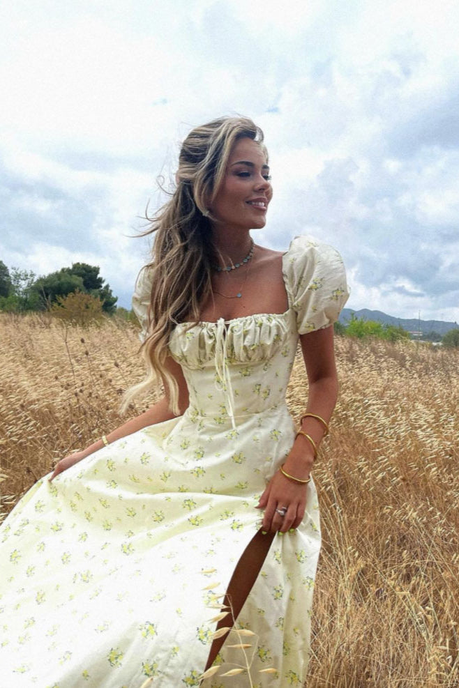 Floral Tie-Side Puff-Sleeve Dress
