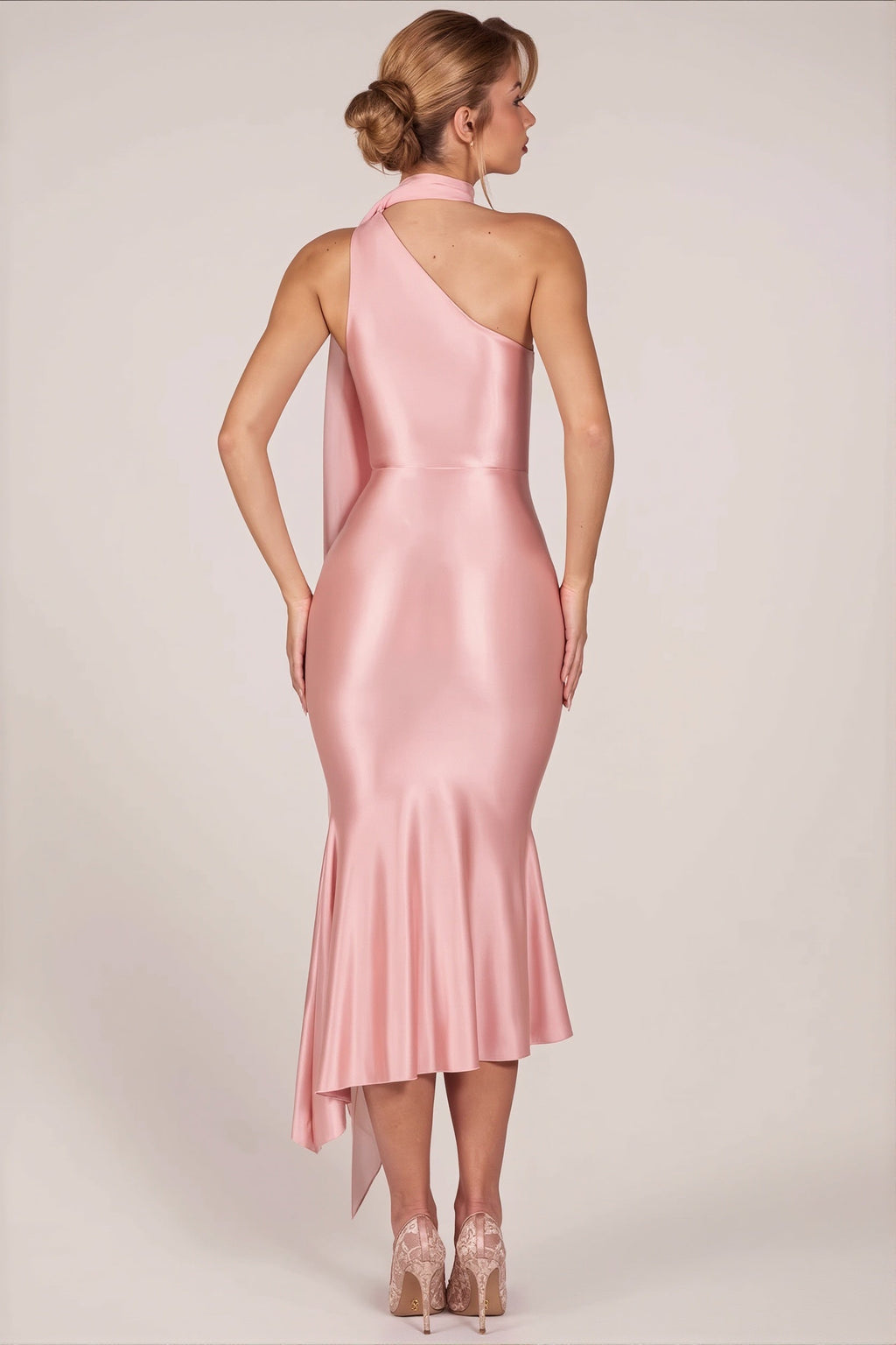 One-Shoulder Mesh-Satin Maxi Dress