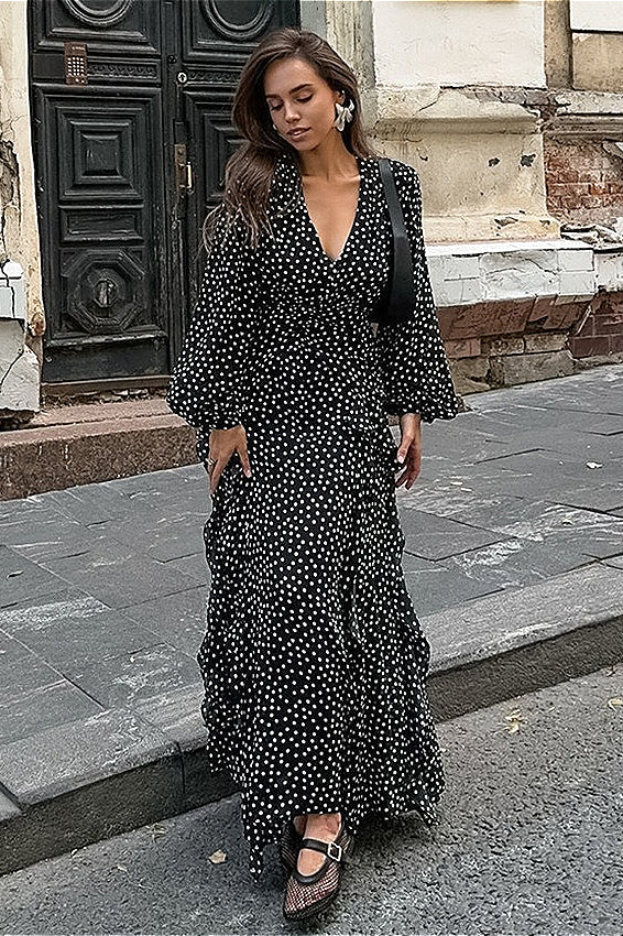 Polka Dot Puff-Sleeve A-Line Maxi Dress