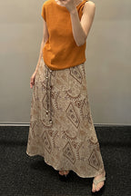 Print Beaded-Belt A-Line Maxi Skirt