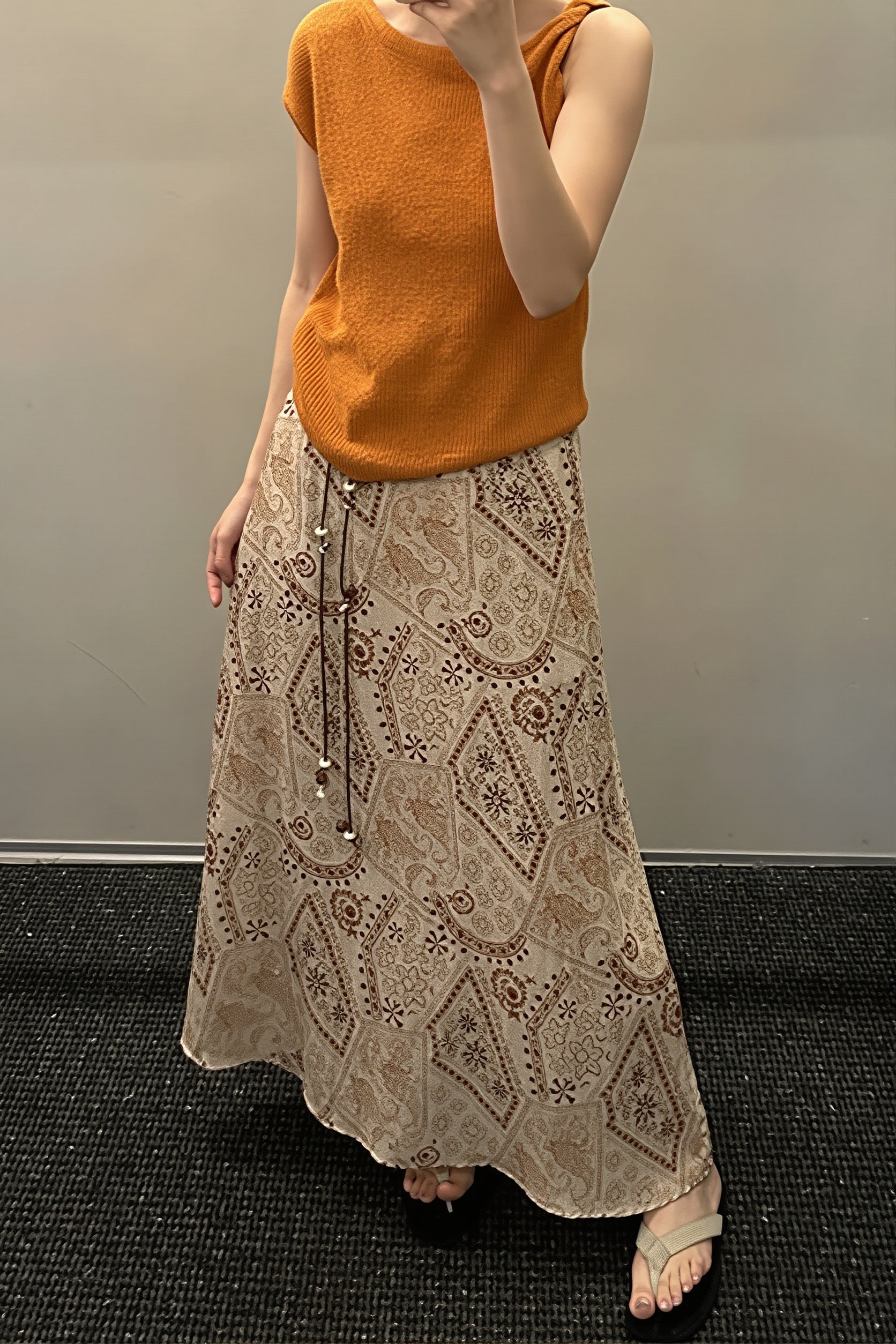 Print Beaded-Belt A-Line Maxi Skirt
