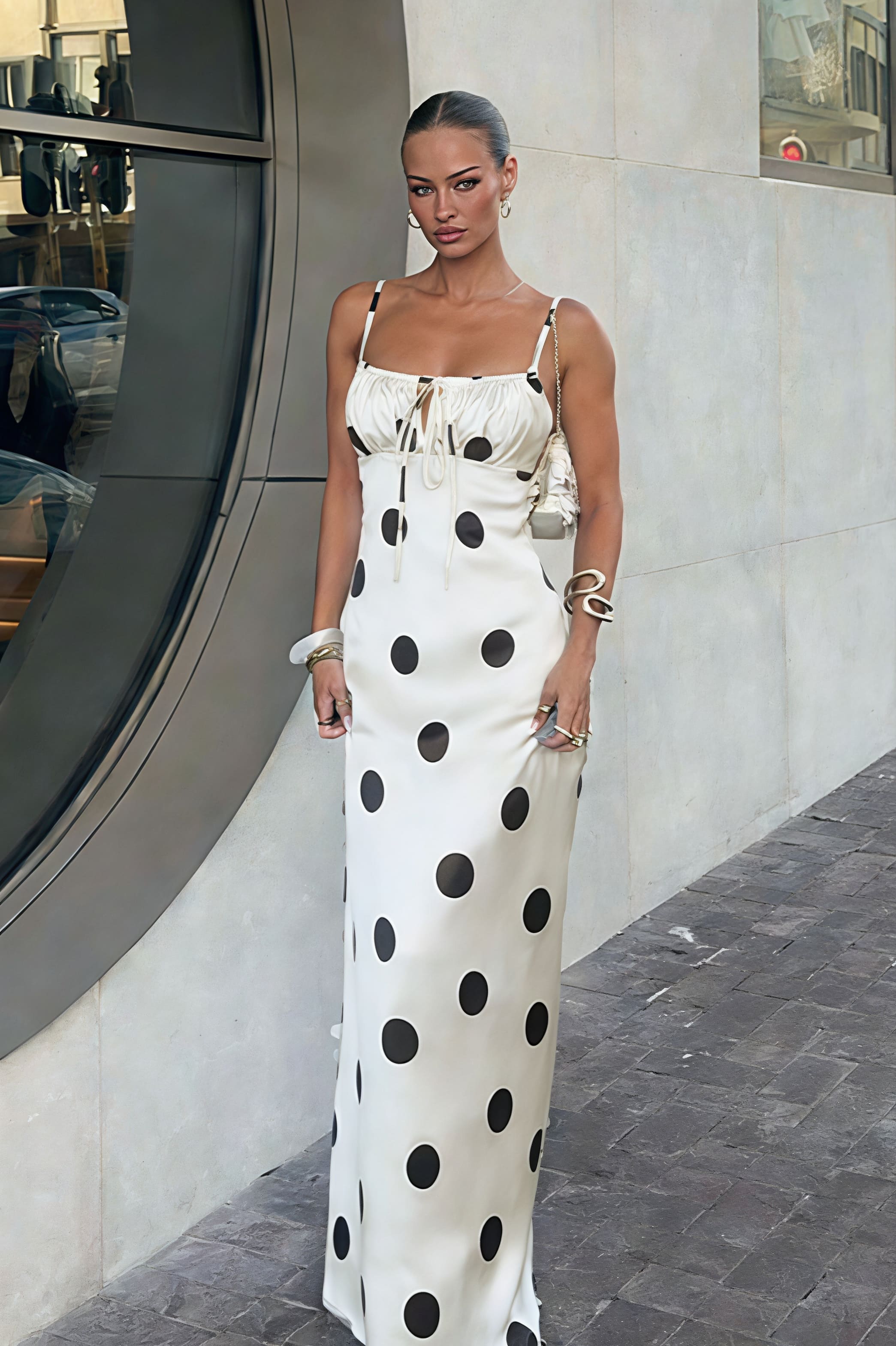 Polka Dot Satin Spaghetti-Strap Maxi Dress