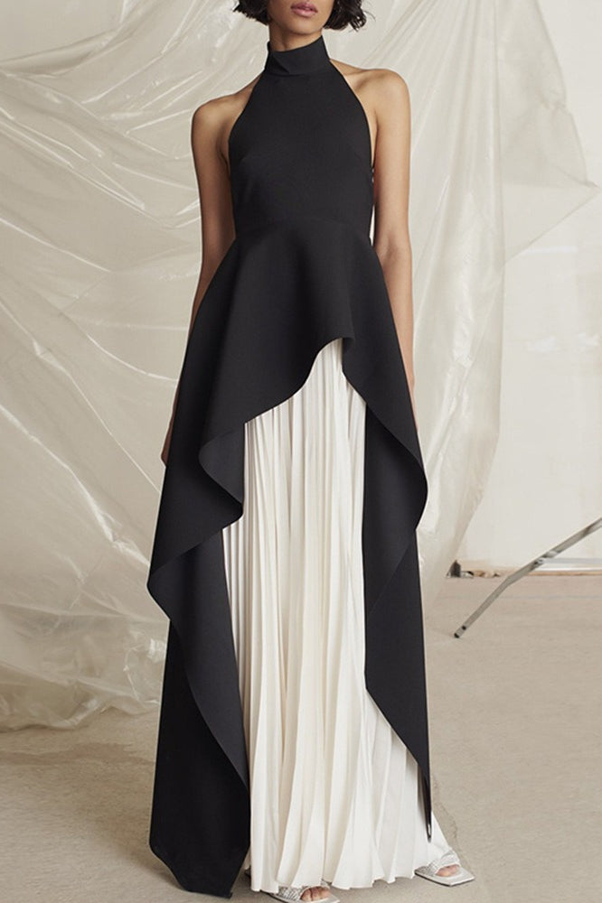 Black-White Pleated Halter Prom Dress