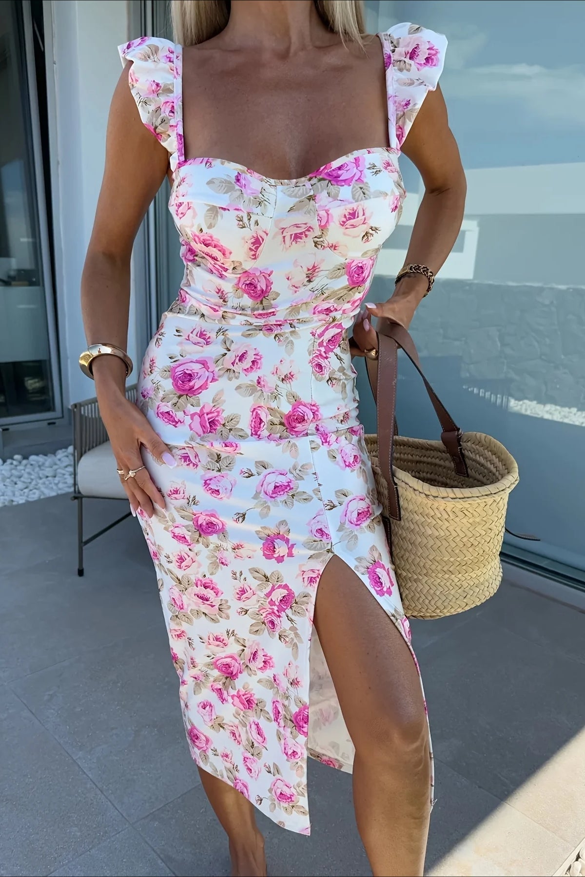 Floral Spaghetti-Strap Slit Midi Dress