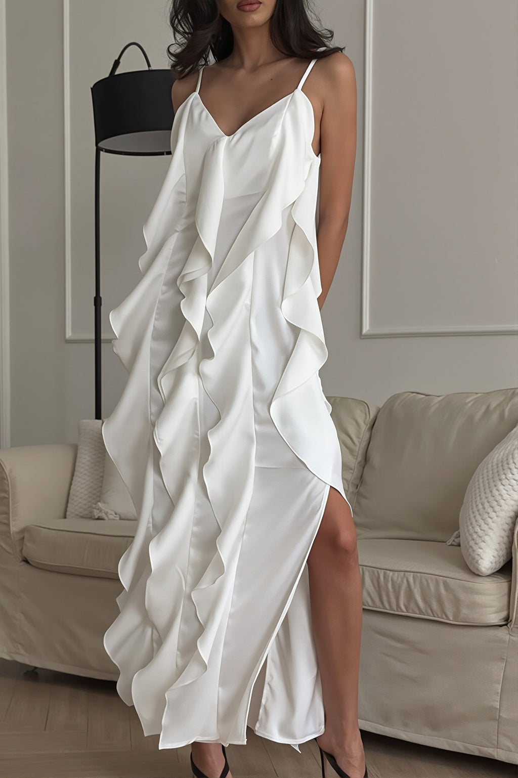 Ruffle-Trim V-Neck Cami Slip Maxi Dress