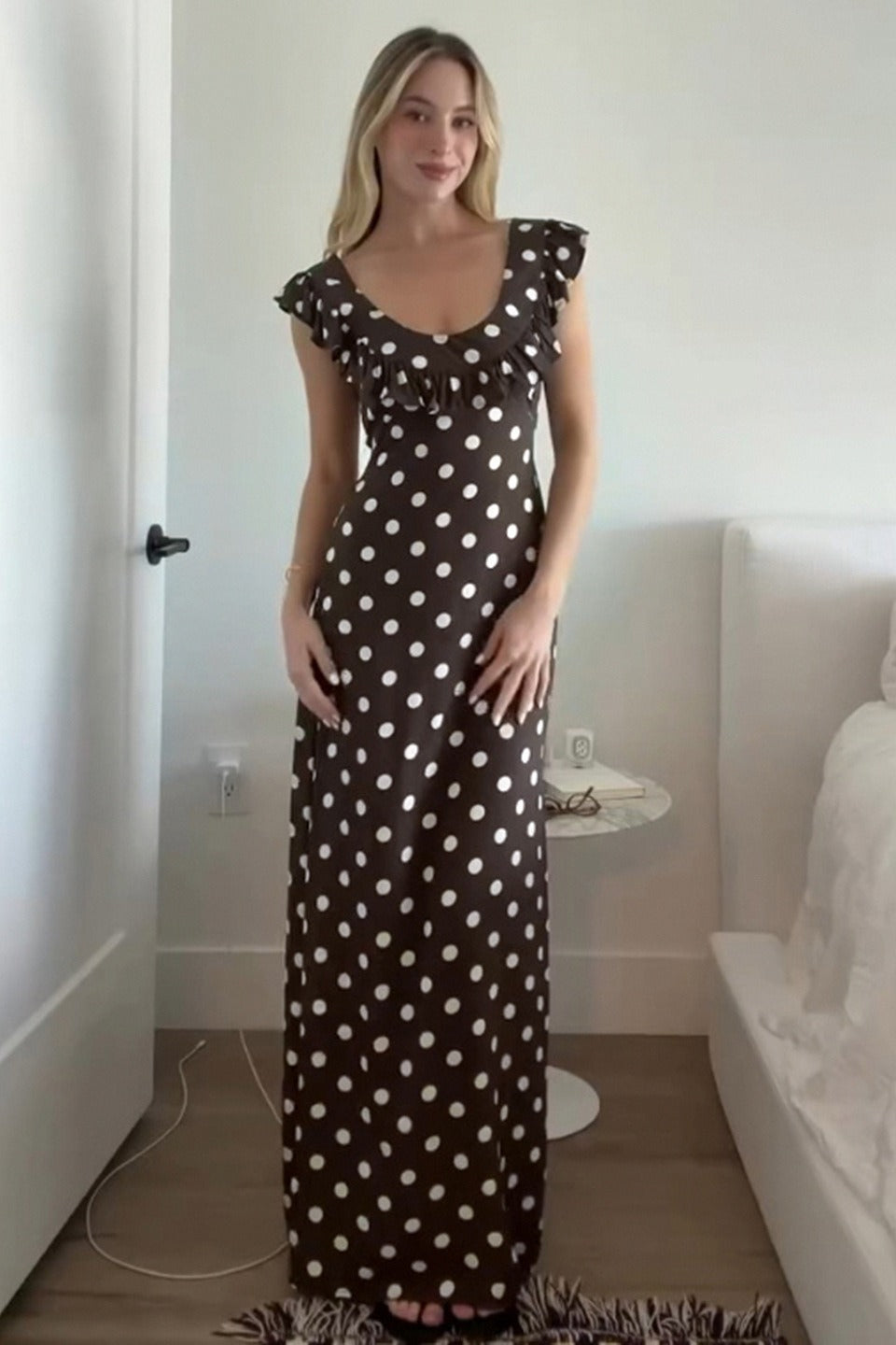Polka Dot U-Neck Ruffle Bodycon Maxi Dress