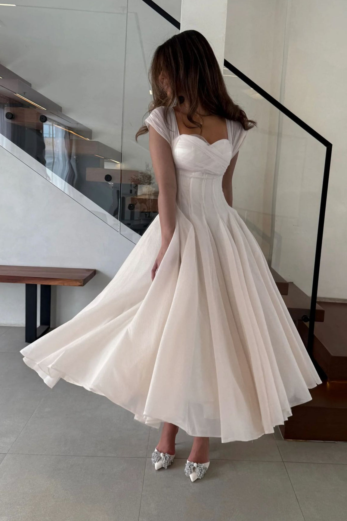 Mesh-Waist Flared Prom Dress