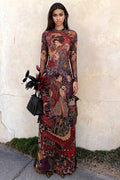 Round-Neck Print Waist-Tie Slit Maxi Dress