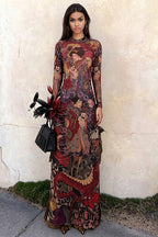 Round-Neck Print Waist-Tie Slit Maxi Dress