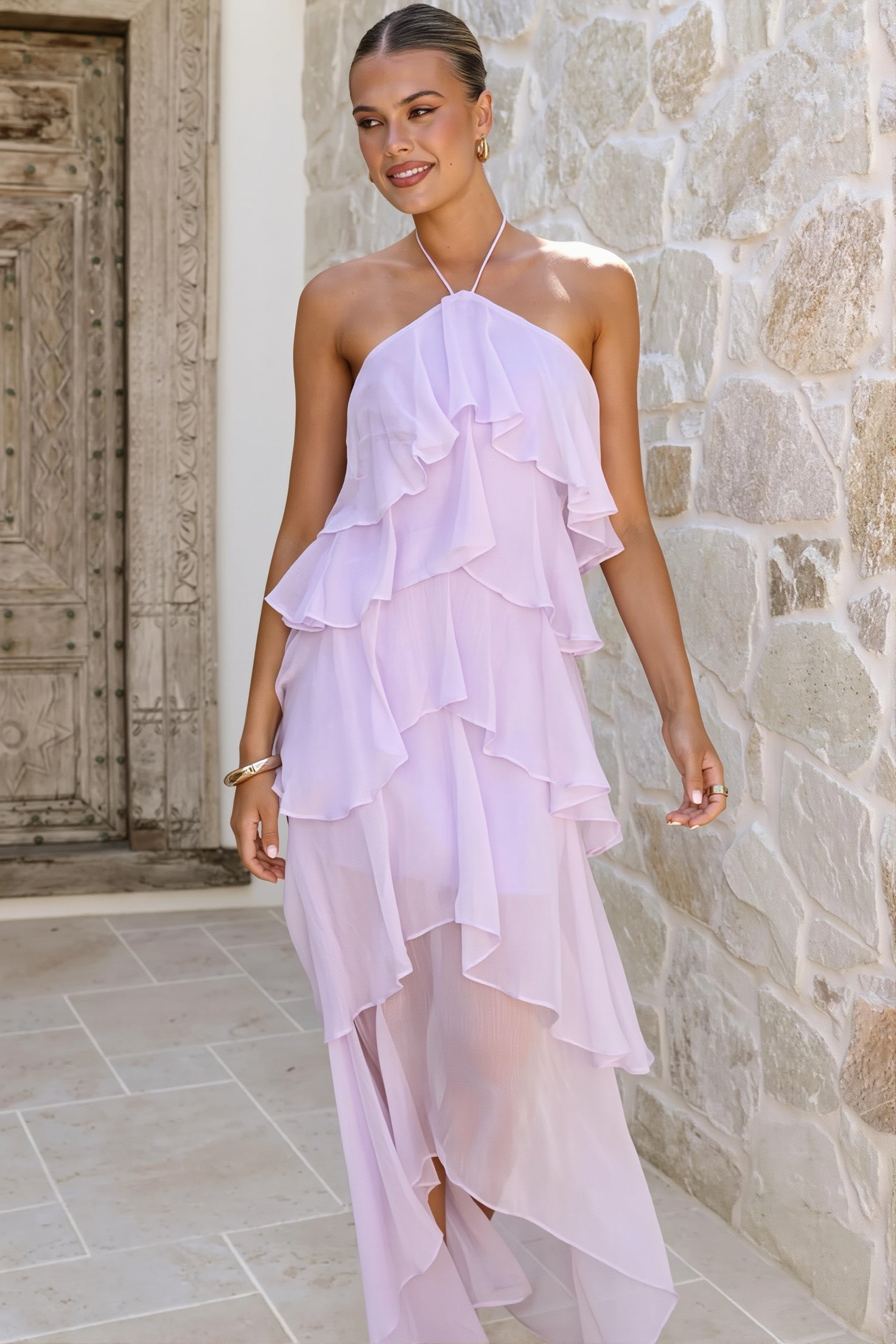 Tiered Ruffle Chiffon Maxi Dress