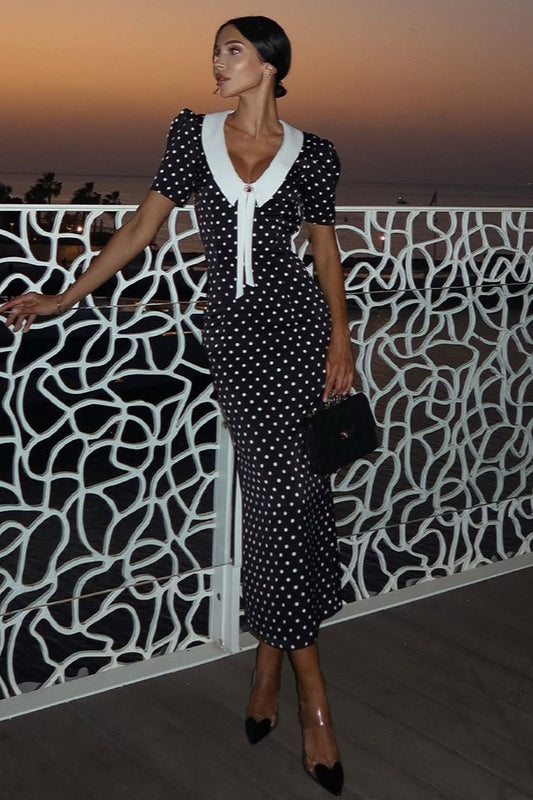Polka Dot Puff-Sleeve V-Neck Maxi Dress