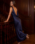 Sapphire Satin Cowl-Neck Maxi Dress