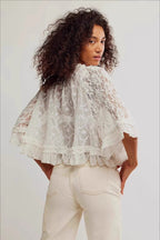 Lace Ruffle-Sleeve Crop Blouse