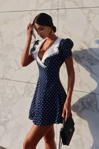 Polka Dot Lace-Trim V-Neck Mini Dress