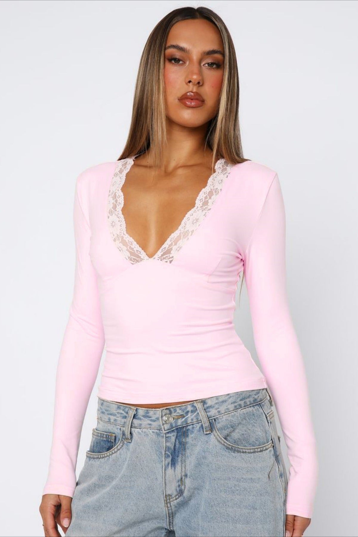 Solid V-Neck Lace Slim Blouse