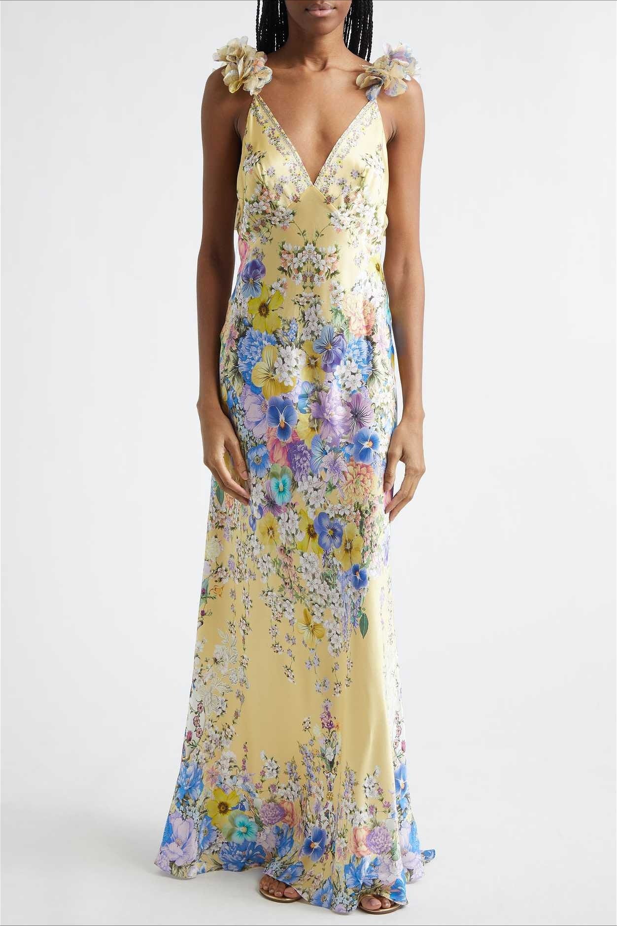 Floral Ruffle-Strap Backless Maxi Dress