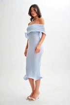 Off-Shoulder Ruffle Knit Midi Dress
