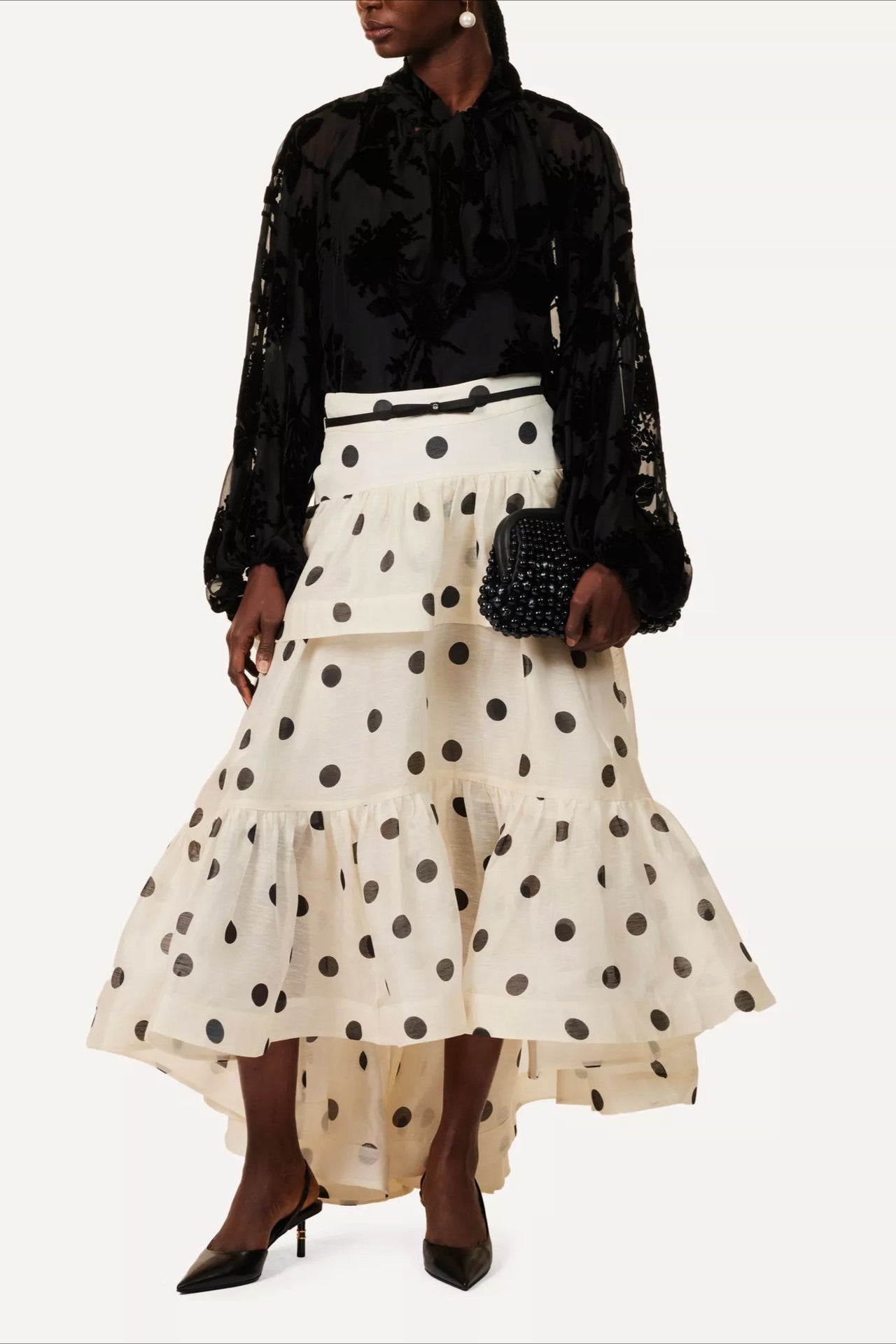 Tiered-Ruffle Polka Dot Midi Skirt