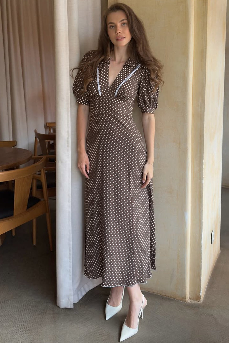 Polka Dot V-Neck Puff Bodycon Maxi Dress