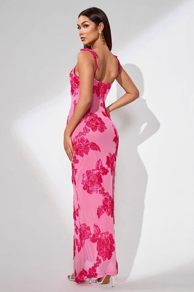 3D-Floral Embroidery Mesh Dress