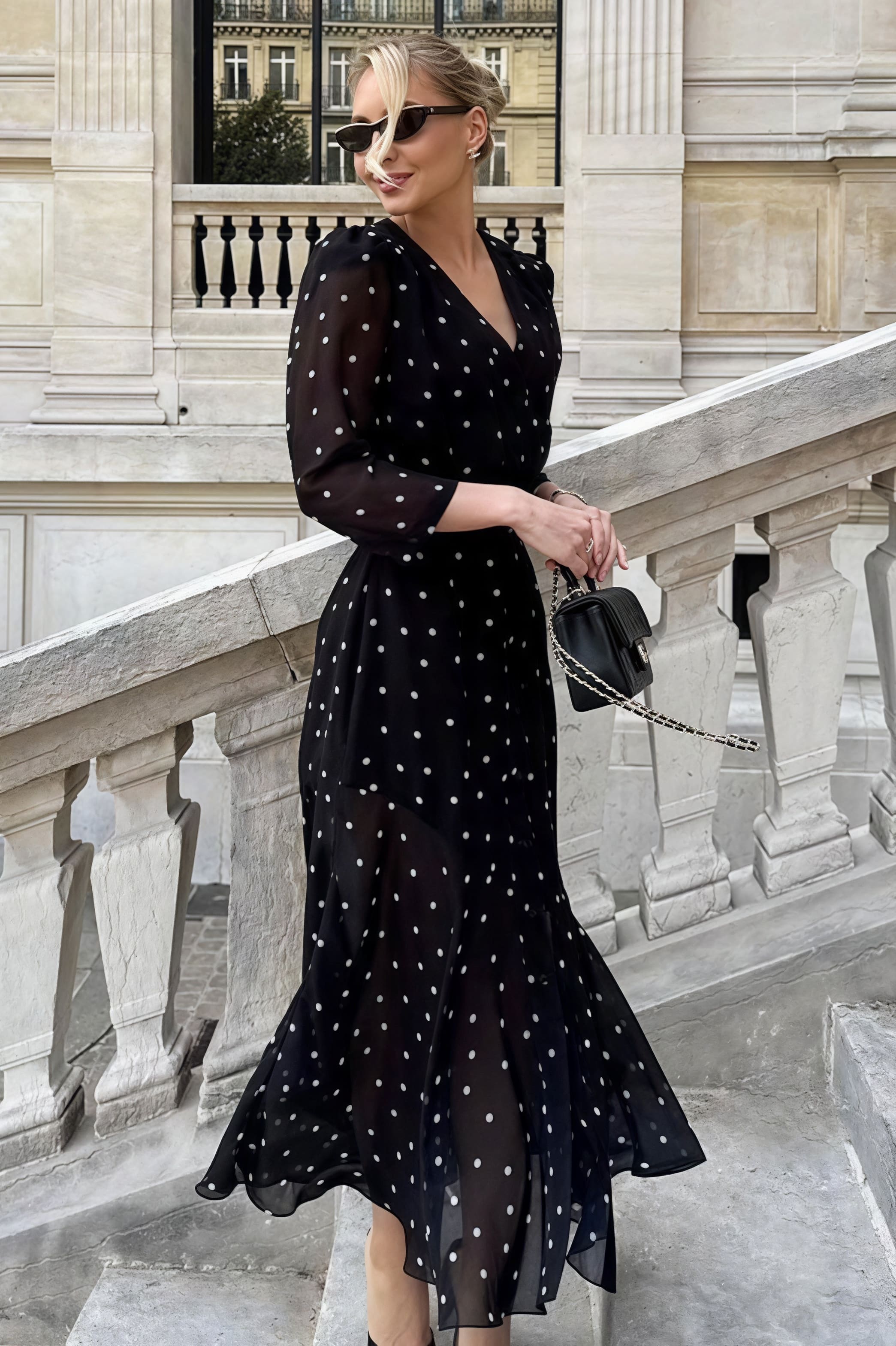 Polka Dot V-Neck High-Slit Midi Dress