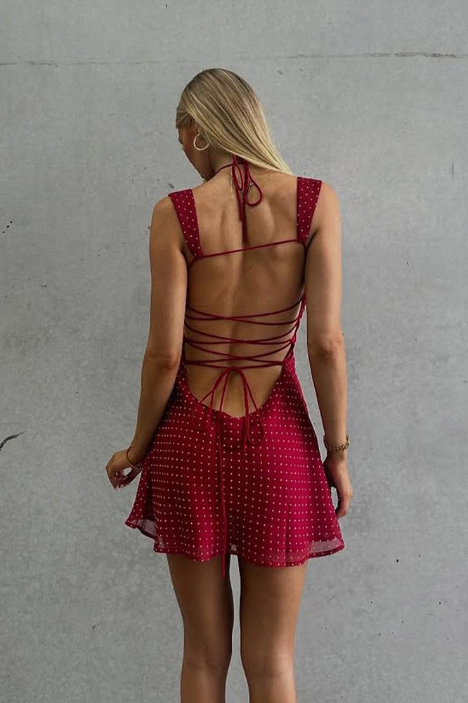 Polka Dot Chiffon Backless Tie Mini Dress