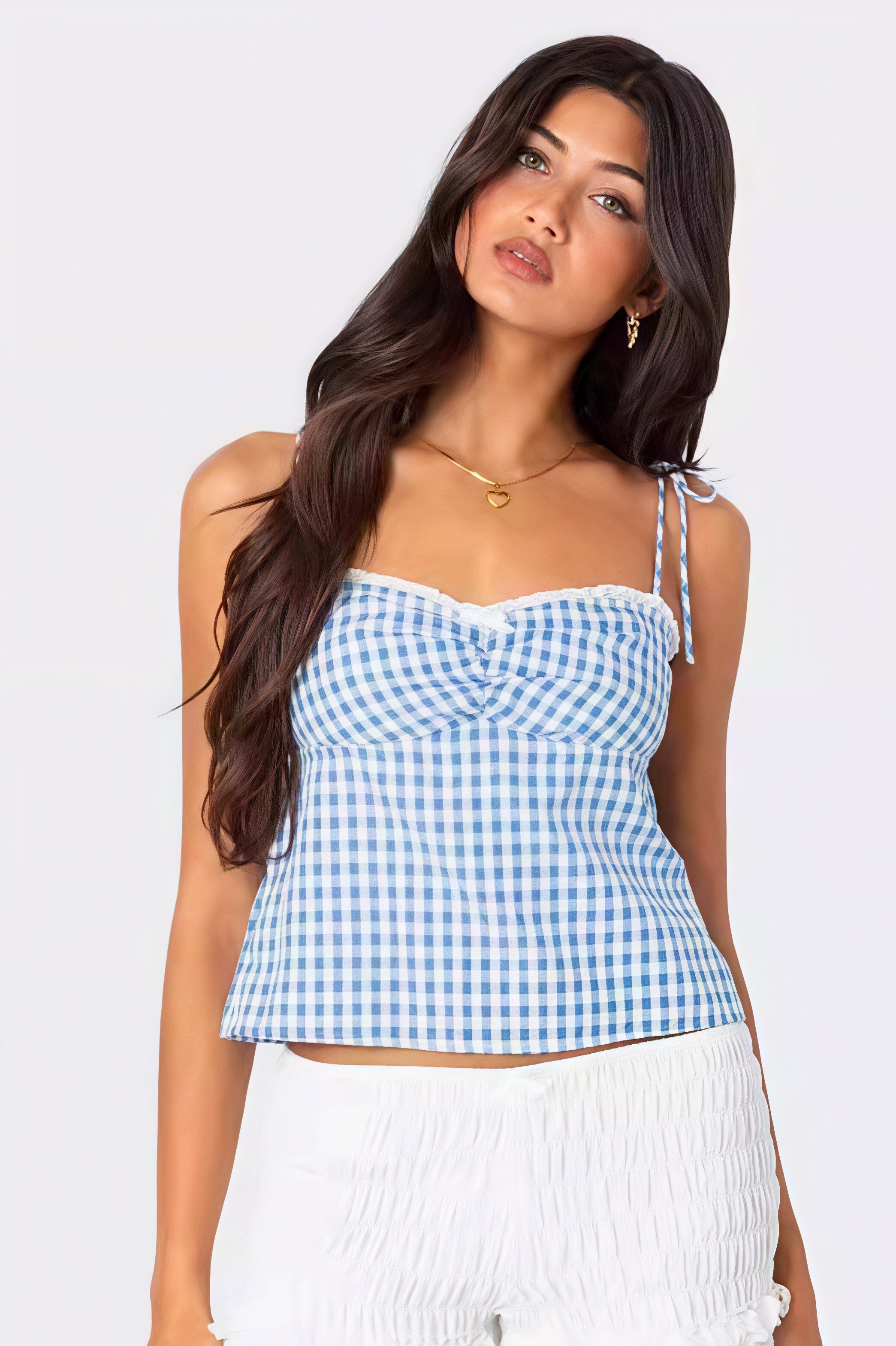 Plaid Lace-Trim Tie-Back Cami Top