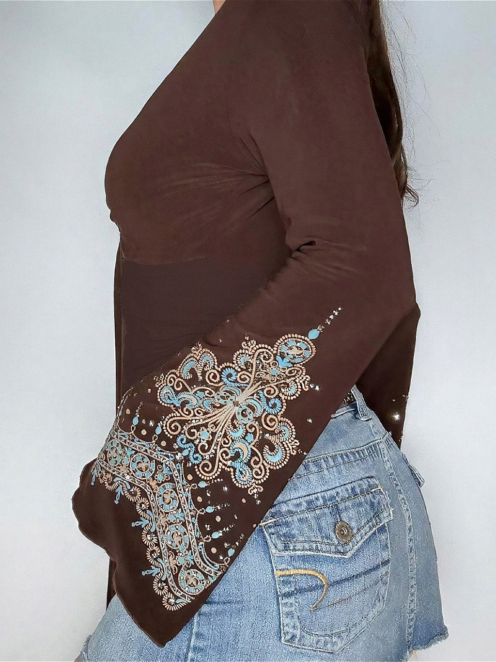 Vintage Print V-Neck Long-Sleeve Top